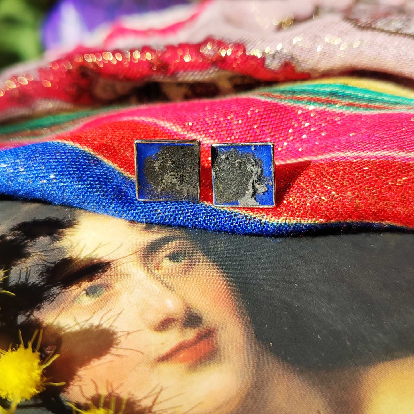 Boucles d'Oreilles Art Déco Uniques Puces Clous d'Oreilles Argent Bleu Outremer et Poudre d'Argent