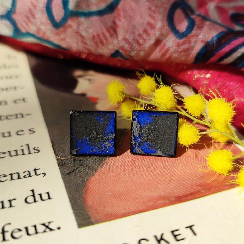 Boucles d'Oreilles Art Déco Carrées Uniques Puces Clous d'Oreilles Bleu gris et poudre d'Argent