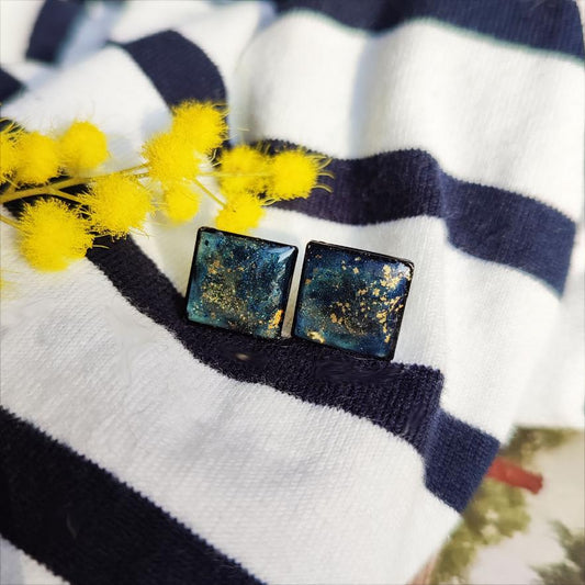 Boucles d'Oreilles Art Déco Carrées Uniques Bleu et Éclats de Bronze
