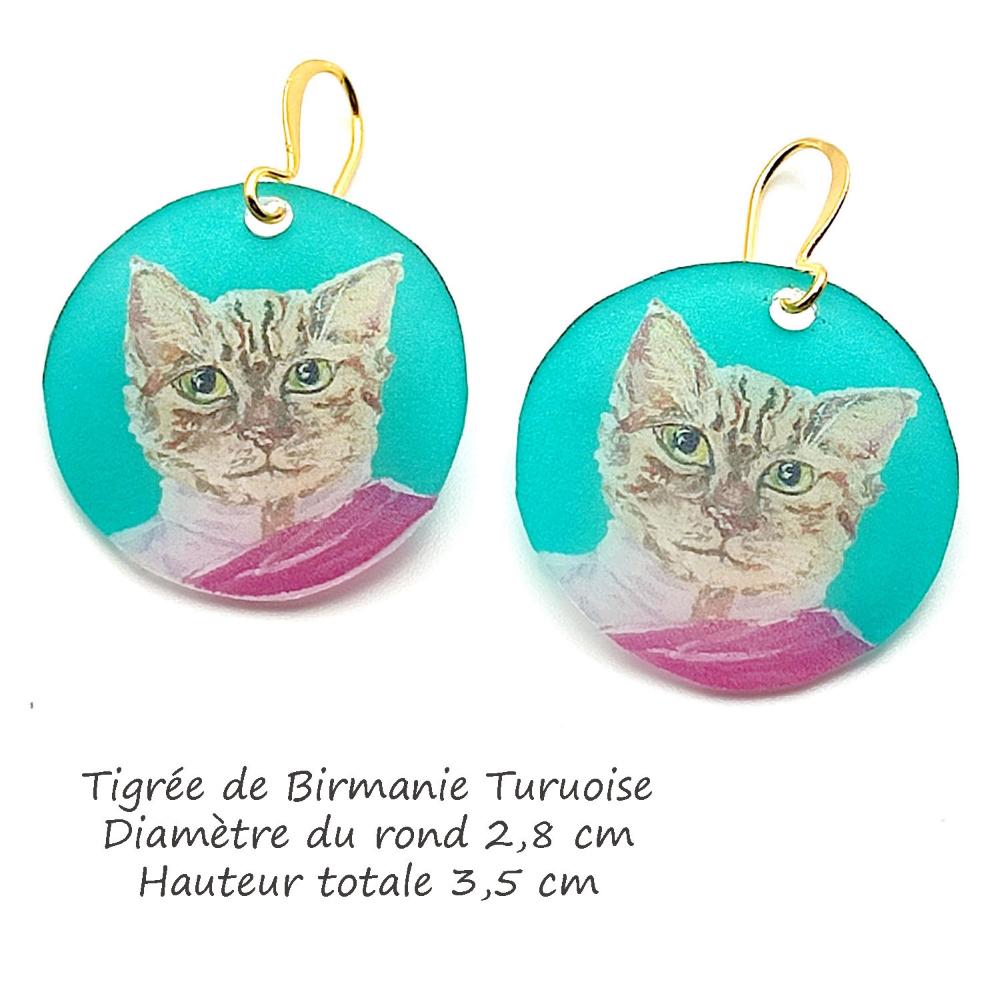 Boucles d'oreilles chatte tigrée Birmanie Turquoise, bijou d'artiste