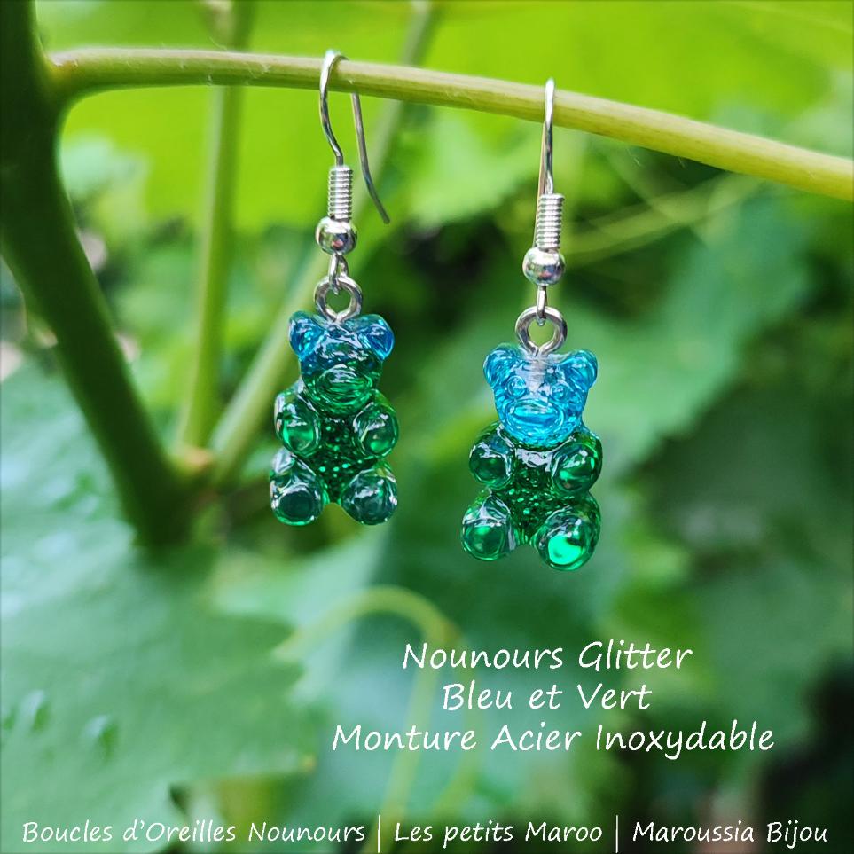 Boucles d'Oreilles Ourson Haribo Bleu et vert Glitter Kawaii