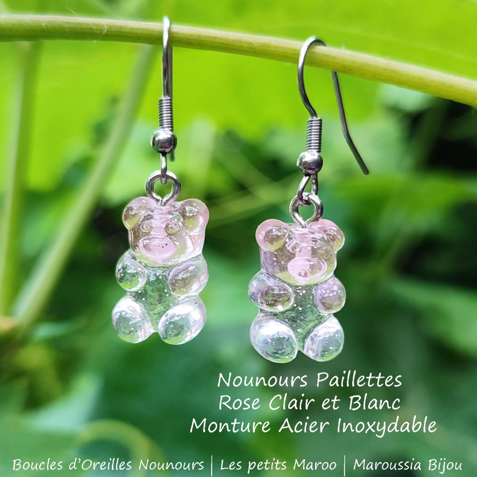 Boucles d'Oreilles Ourson Haribo roseet blanc paillettes Kawaii