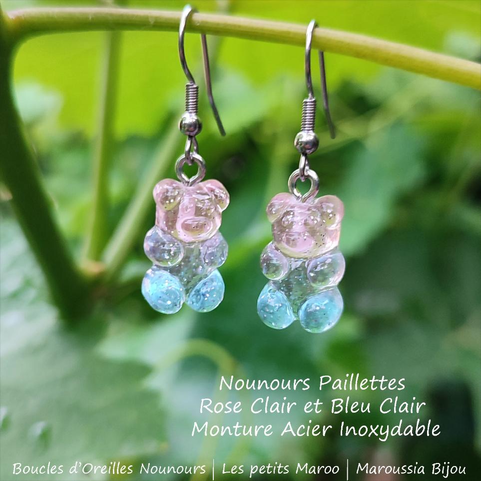 Boucles d'Oreilles Ourson Haribo Bleu et bleu paillettes Kawaii