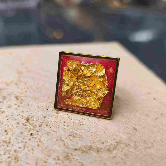 Bague rouge flamme 25 mm décorée de feuille d'or et plaqué or 24K