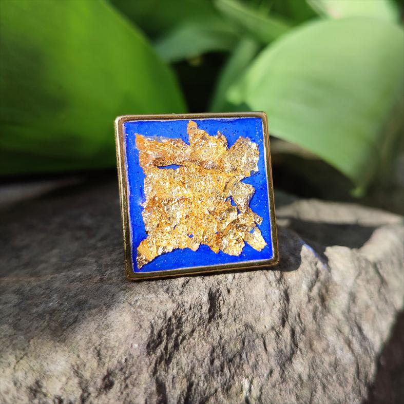 Grande Bague Femme Art Déco Bleu Outremer Feuille d'Or | Maroussia Bijou