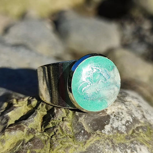 Yes, Sir! | Unique Men's Stainless Steel Ring | Green and White Pigment Silver Powder