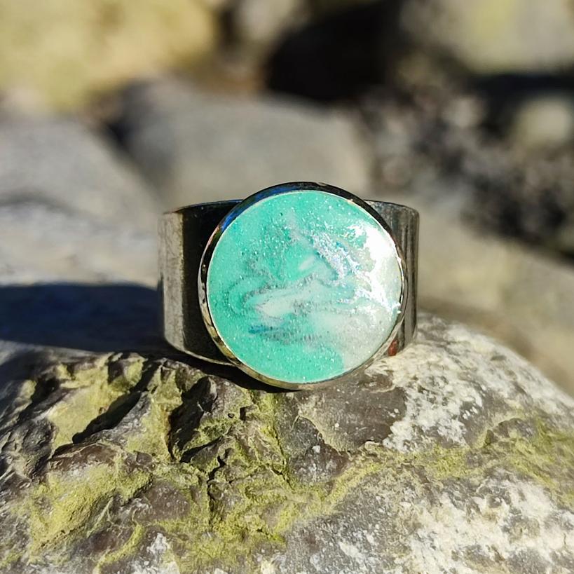 Bague Homme Unique| Pigment Vert et Blanc Poudre d'Argent