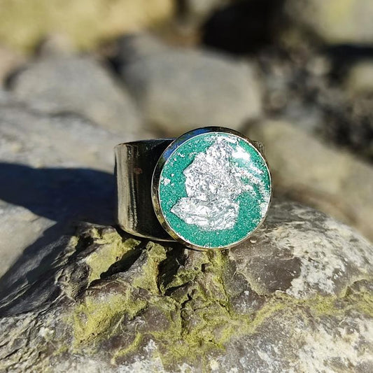 Yes, Sir! | Unique Men's Stainless Steel Ring | Green Pigment Silver Leaf