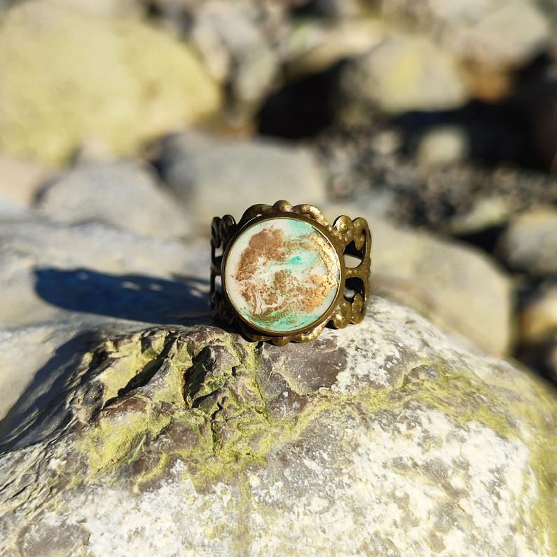 Bague Art Nouveau Laiton Vert Céladon et Cuivre Unique vue 1