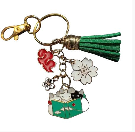 Porte-clés En Forme De Chat - Joli Pendentif En Forme De Fleur En émail - Porte-clés Kawaii - Décoration De Jardin Japonais Avec Perle Pour Femme - Accessoires Décoratifs Pour Sac à