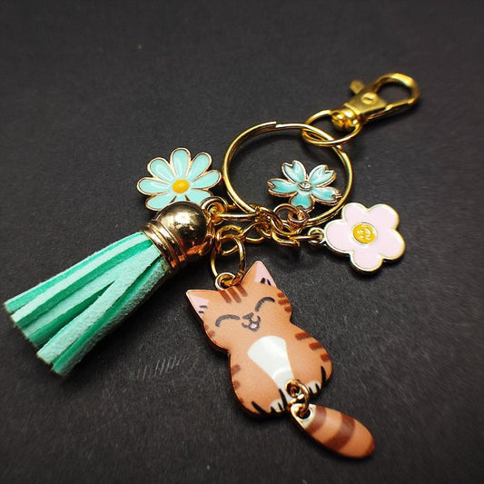 Porte-Clé Original Chat Marron  SourianT avec Fleurs