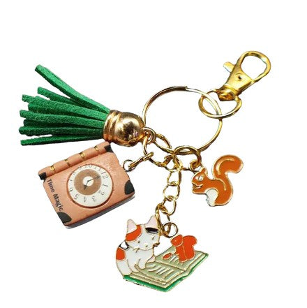 Porte-Clé Original "Time Magic" | Chat Tricolore et Écureuils