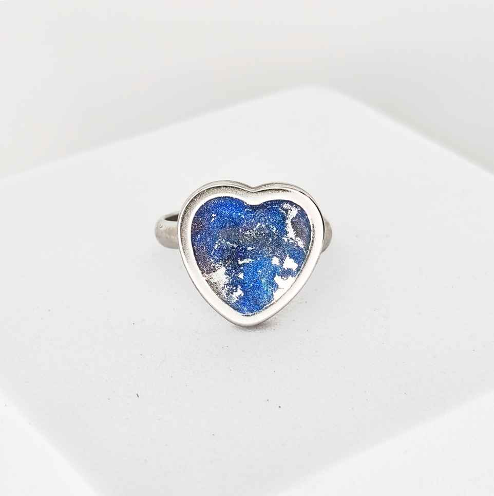 Bague cœur bleu 16 mm Souffle de Minuit inox argent et poudre d’argent