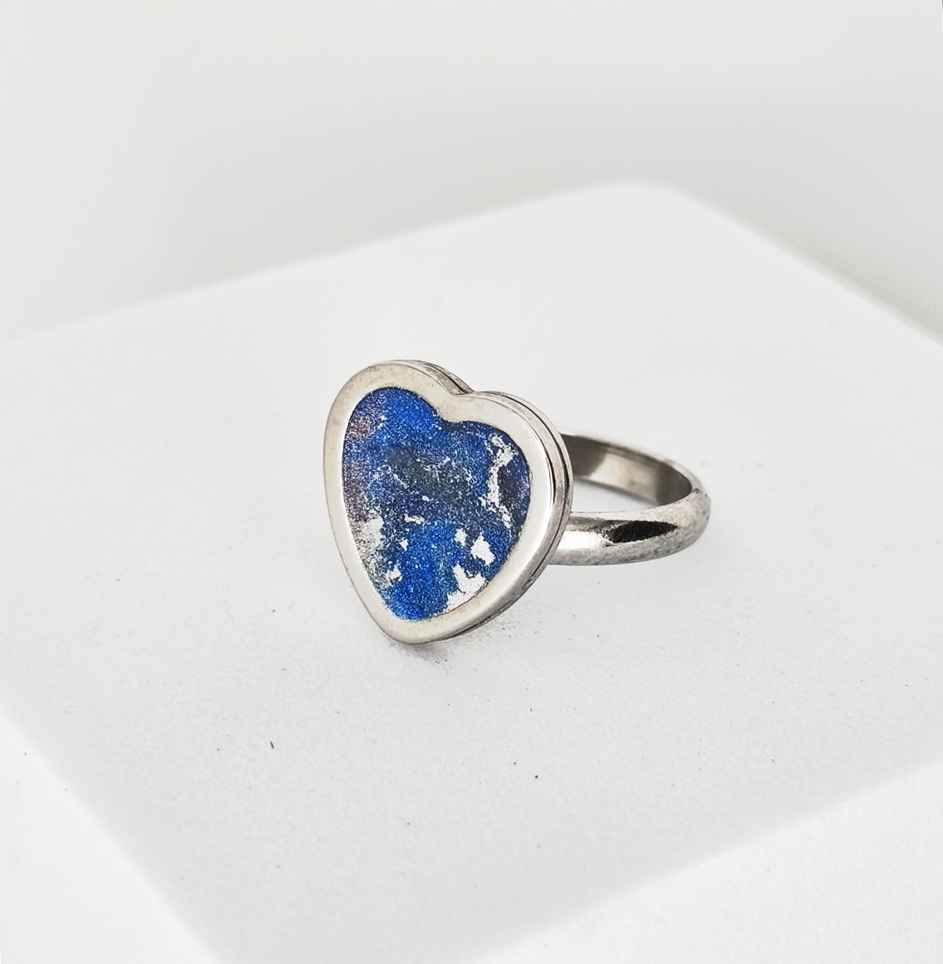 Grande bague cœur bleu acier inoxydable bijou artisanal