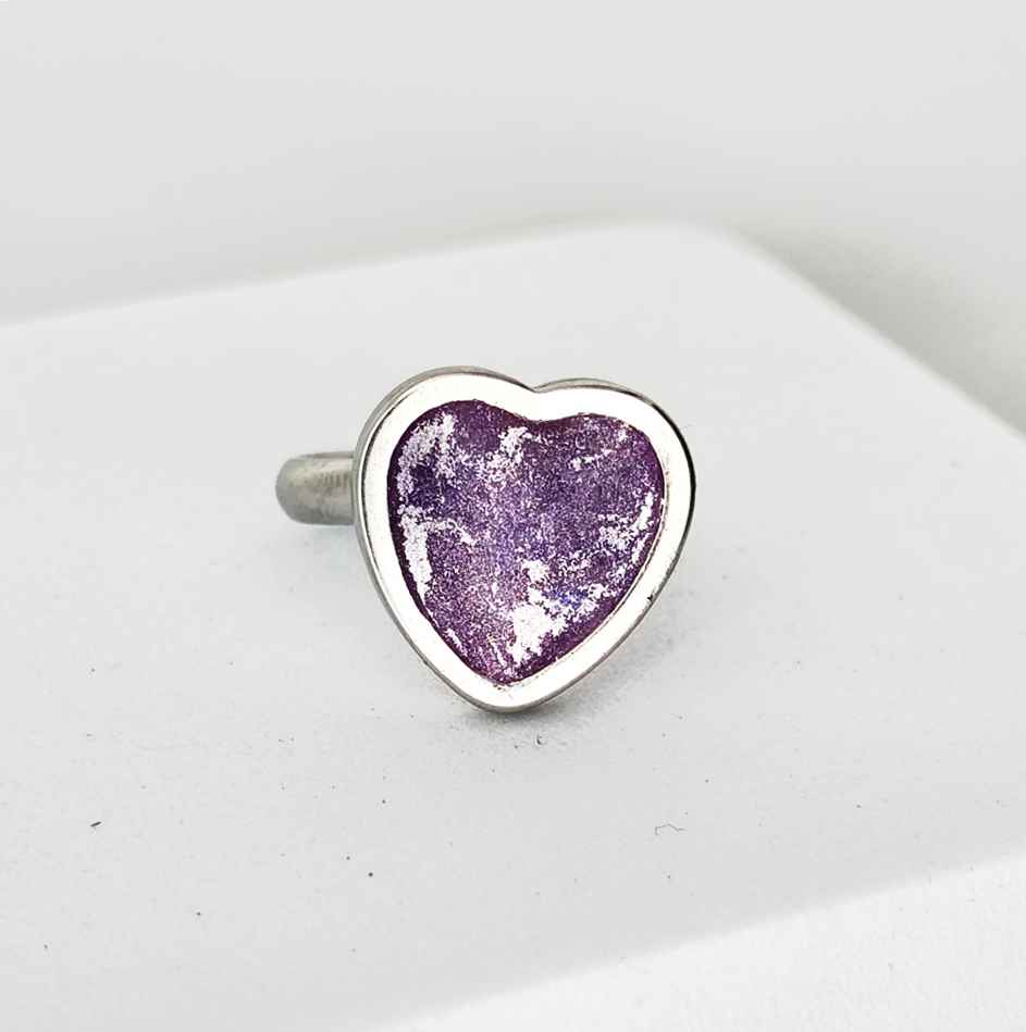 Bague cœur violet 16 mm Cœur d’une Nuit d’Été inox argent et poudre d’argent
