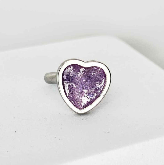 Bague cœur violet 16 mm Cœur d’une Nuit d’Été inox argent et poudre d’argent