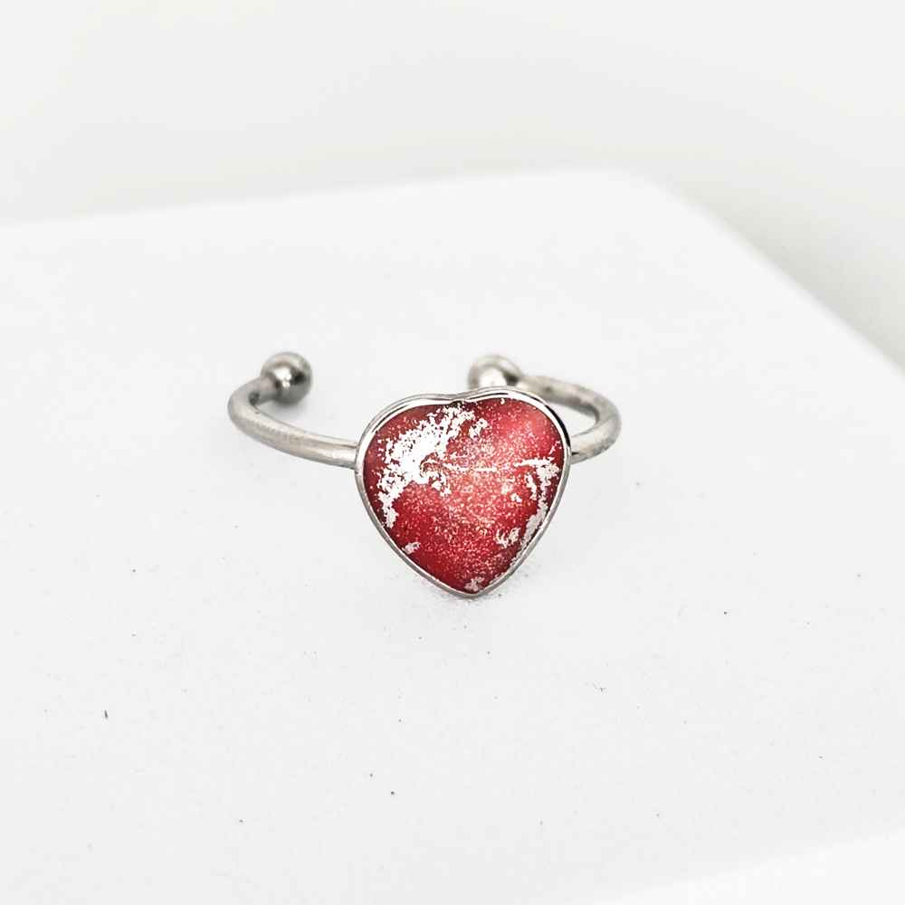 Bague femme cœur rose rouge acier inoxydable bijou artisanal
