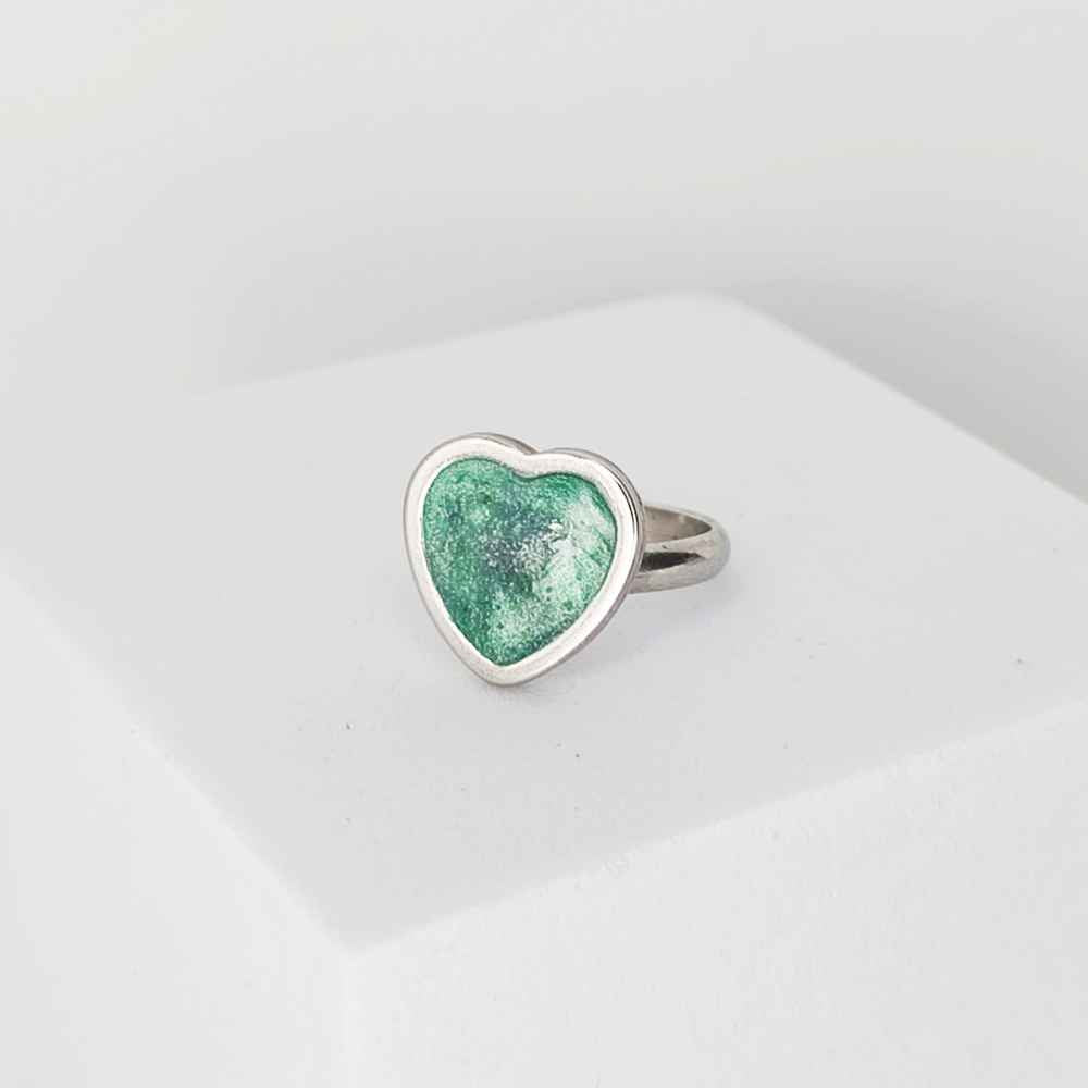 Bague cœur vert émeraude 16 mm Croissance Intérieure inox argent