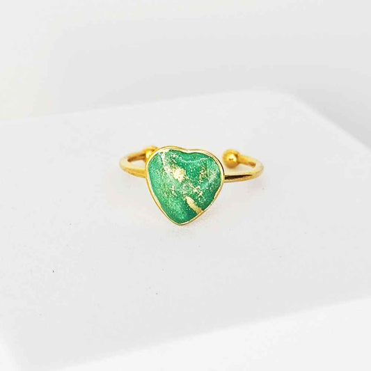 Bague cœur 9mm Écho Fractale plaqué or vert émeraude artisanale