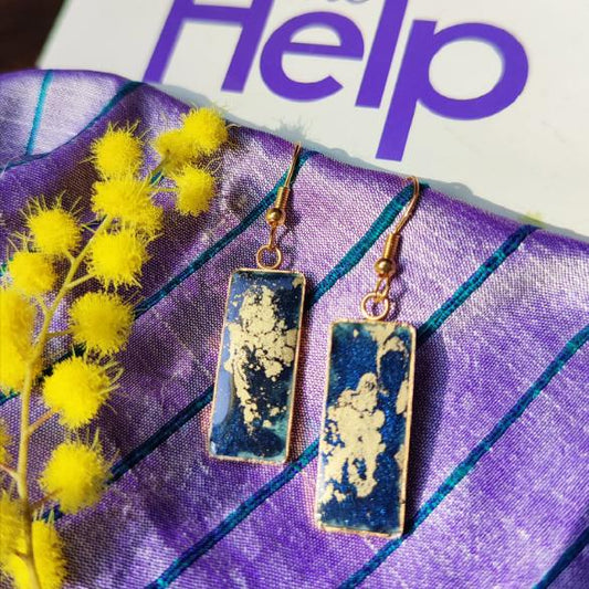Boucles d'Oreilles Pendantes Uniques Rectangle Art Déco Bleues Vertes et Bronze Plaqué Or