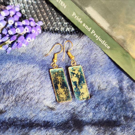 Boucles d'Oreilles Pendantes Uniques Rectangles Art Déco Vert Émeraude et Bronze