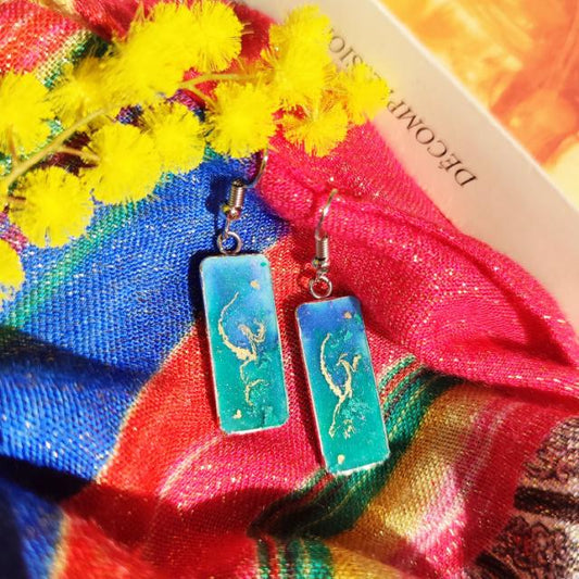 Boucles d'Oreilles Pendantes Uniques Rectangles Art Déco Gitanes Bleues Vertes et Bronze