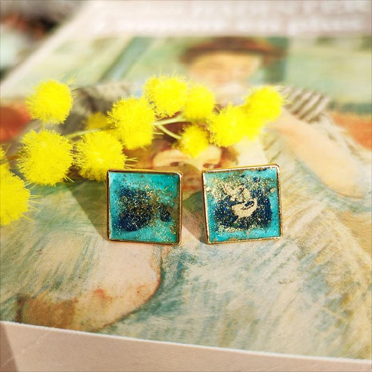 Boucles d'Oreilles Art Déco Carrées Uniques Puces Clous d'Oreilles Vert Émeraude et Bronze | Plaqué Or
