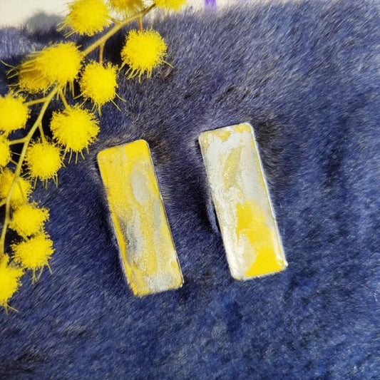 Grandes Boucles d'Oreilles Rectangles Pendantes Uniques Art Déco Puces Clous d'Oreilles Jaunes et Poudrées d'Argent