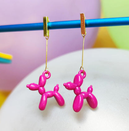 Boucles d'oreilles chien ballon dorées rose foncé vue 2