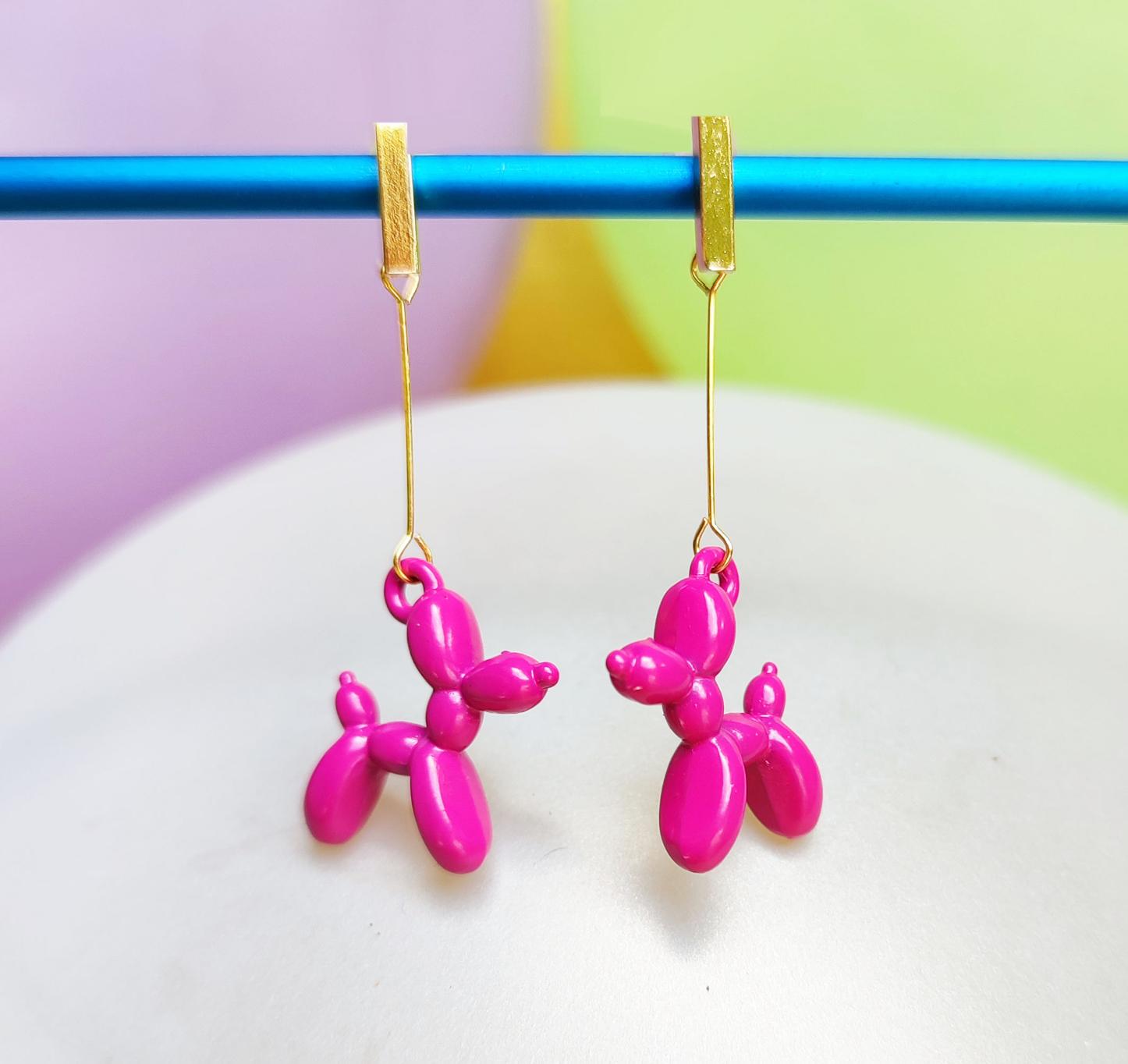 Boucles d'oreilles chien ballon dorées rose foncé vue 3