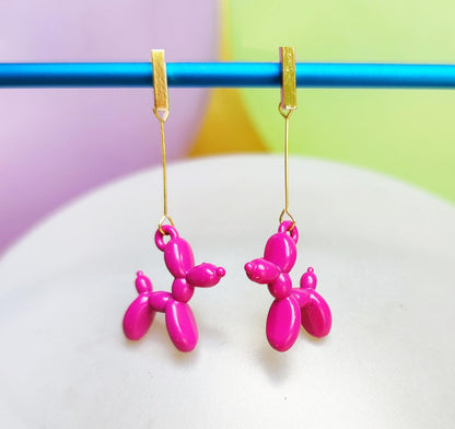 Boucles d'oreilles chien ballon dorées rose foncé vue 3