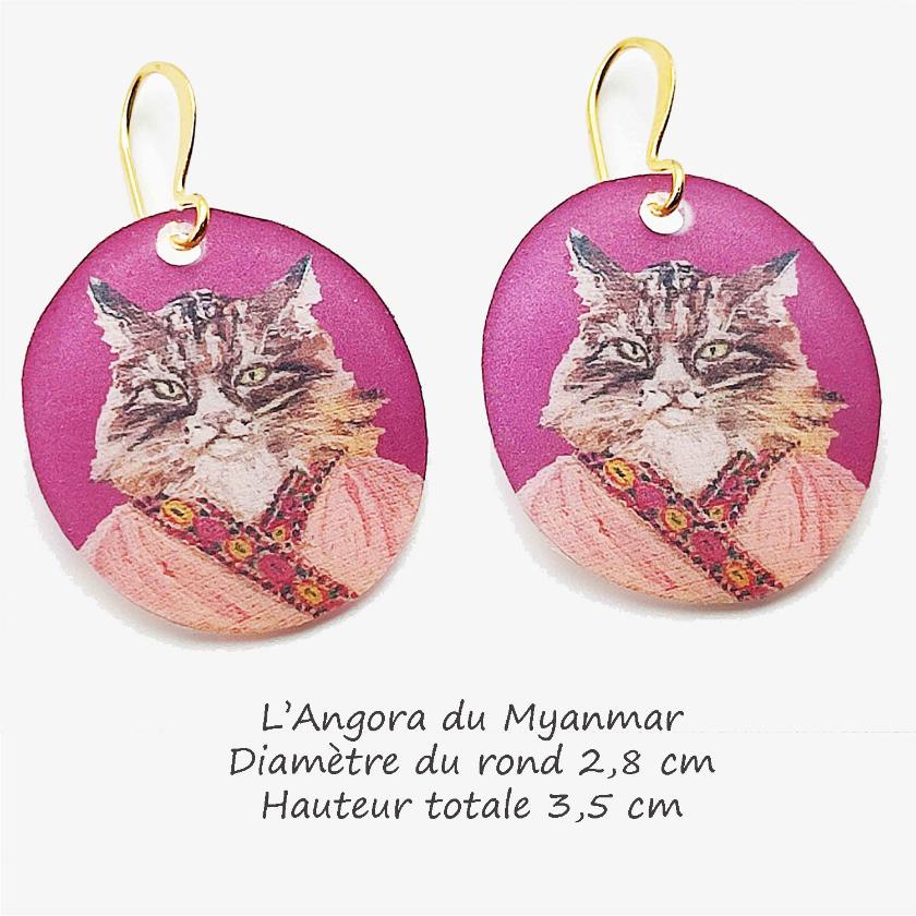 Boucles d'oreilles chat angora Myanmar fond rose fuschia, bijou d'artiste