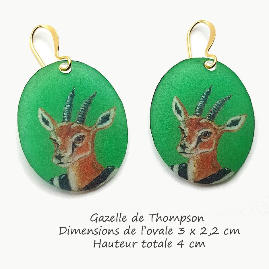 Boucles d'oreilles gazelle de Thompson, fond vert émeraude, bijou d'artiste
