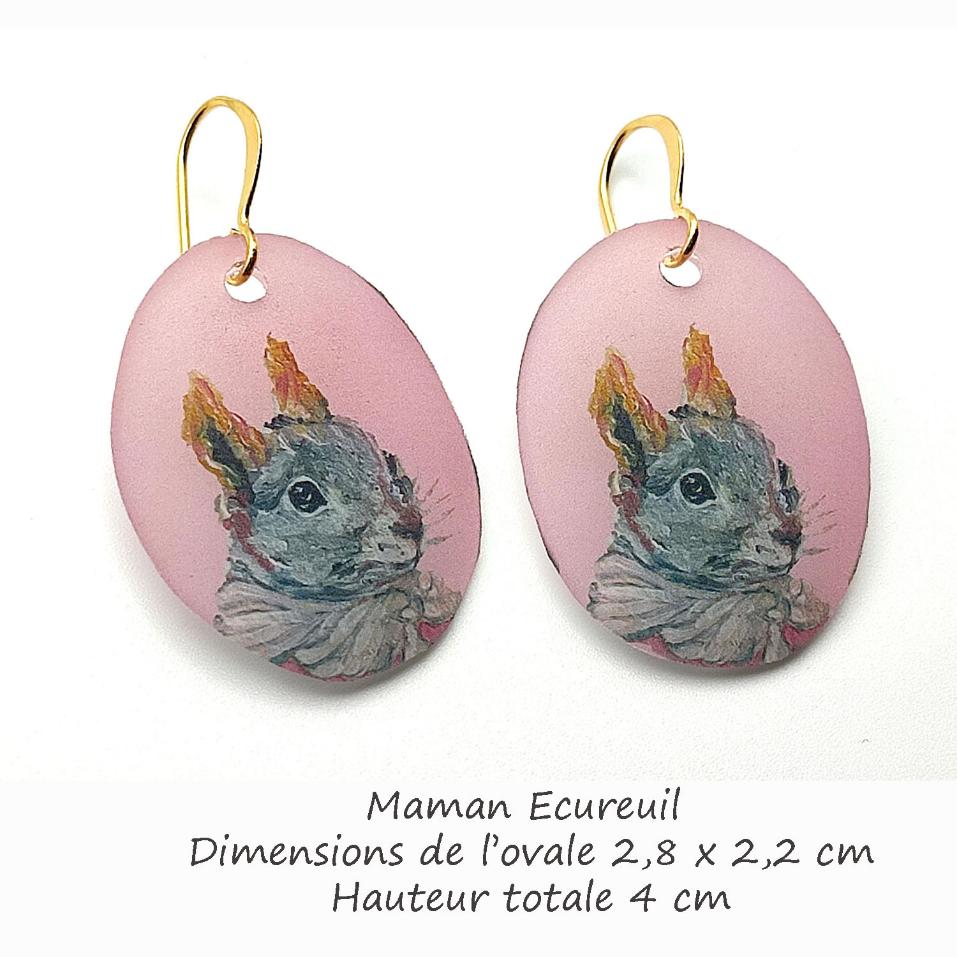 Boucles d'oreilles maman écureuil rose, bijou d'artiste