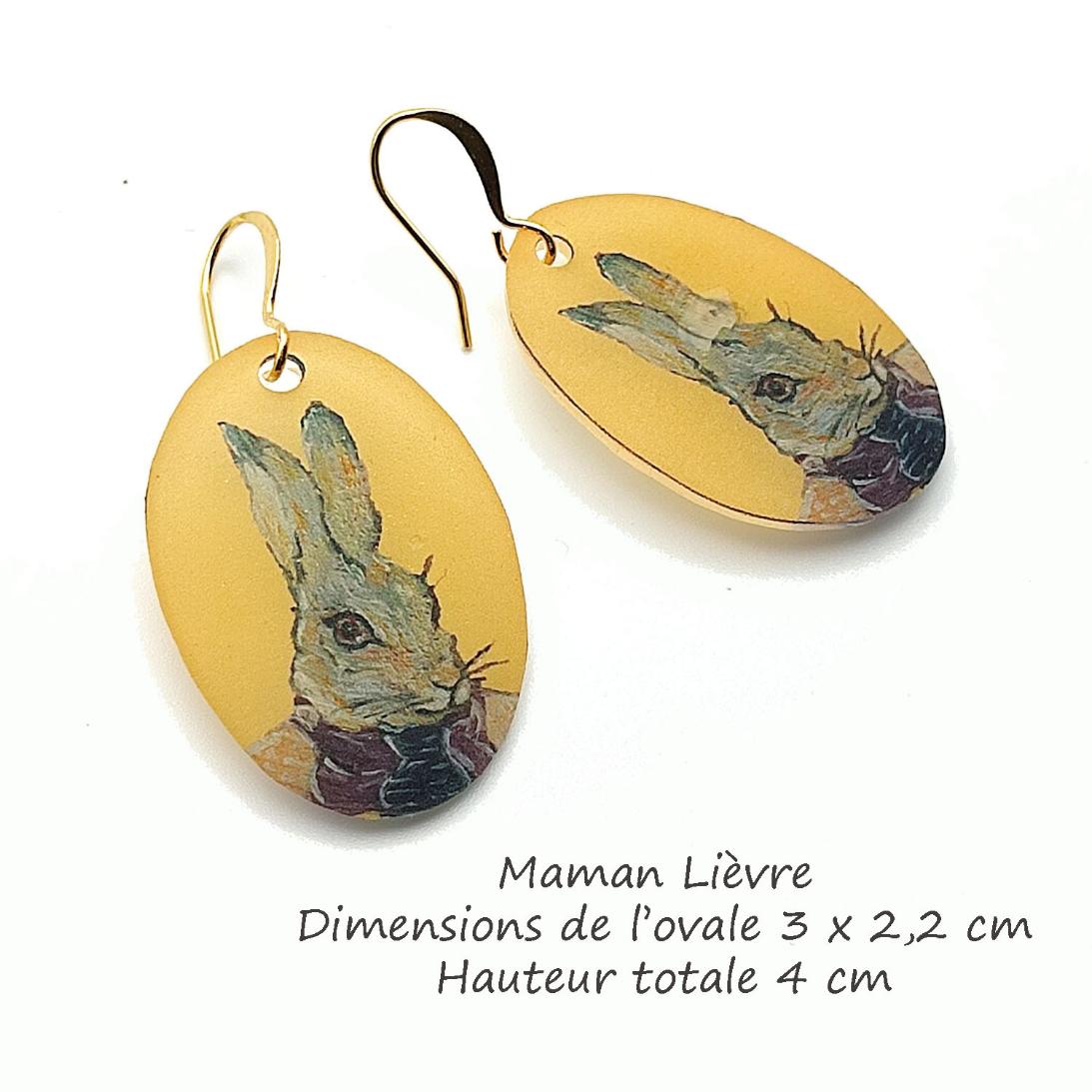 Boucles d'oreilles lapin lièvre, fond jaune or, bijou d'artiste