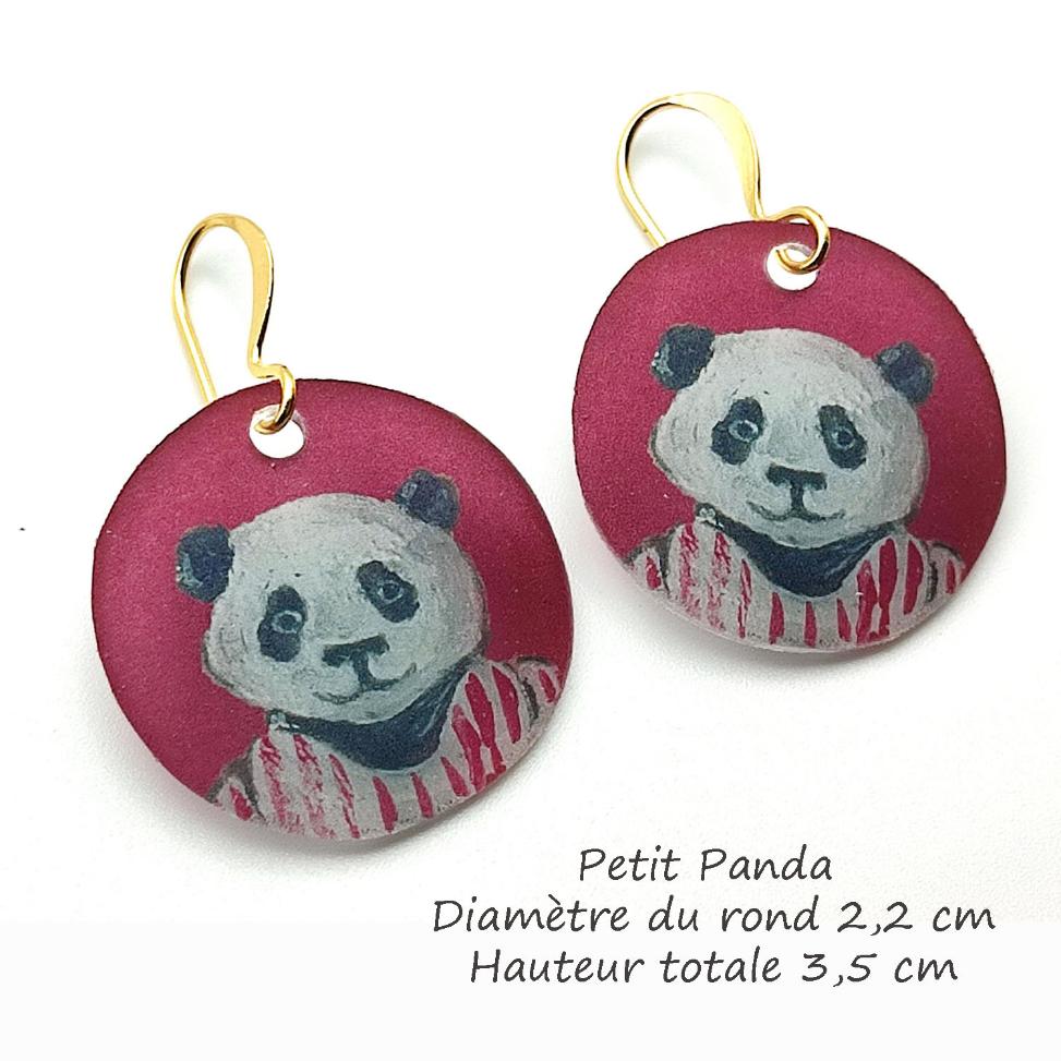 Boucles d'oreilles bébé panda, fond rouge, bijou d'artiste