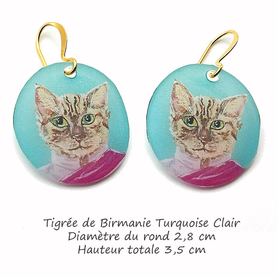 Boucles d'oreilles chatte tigrée Birmanie Turquoise clair, bijou d'artiste