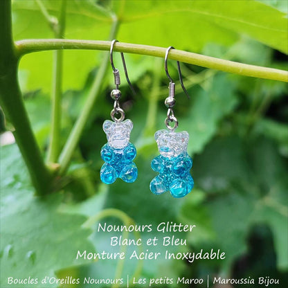 Boucles d'Oreilles Ourson Haribo Bleu et  blanc Glitter Kawaii