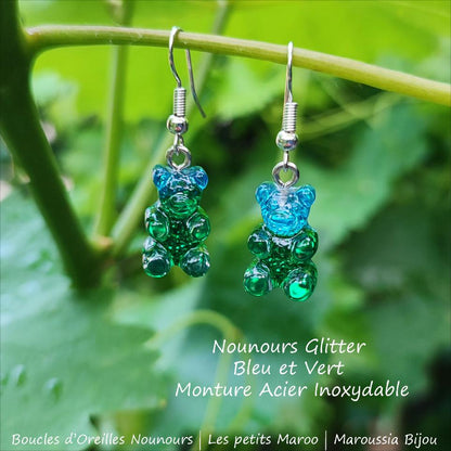 Boucles d'Oreilles Ourson Haribo Bleu et  vert Glitter Kawaii