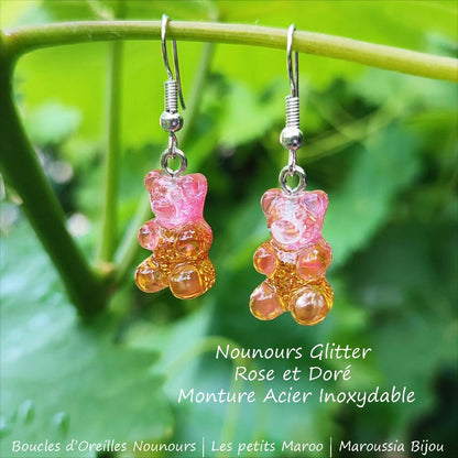Boucles d'Oreilles Ourson Haribo rose et doré Glitter Kawaii