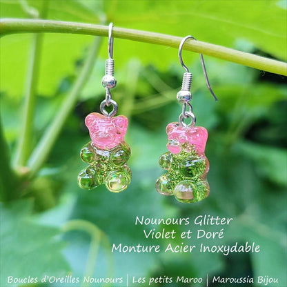 Boucles d'Oreilles Ourson Haribo rose et vert Glitter Kawaii