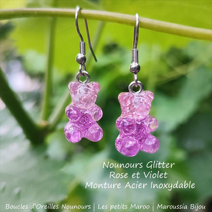 Boucles d'Oreilles Ourson Haribo rose et violet Glitter Kawaii