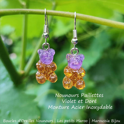 Boucles d'Oreilles Ourson Haribo violet et doré Glitter Kawaii
