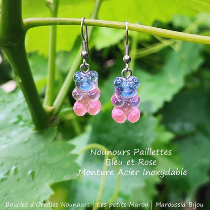 Boucles d'Oreilles Ourson Haribo Bleu et  rose Glitter Kawaii