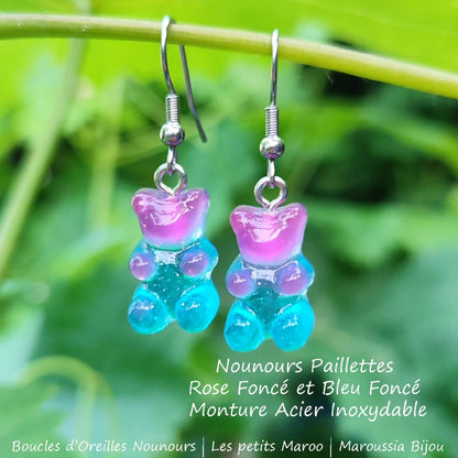Boucles d'Oreilles Ourson Haribo rose et Bleu  Glitter Kawaii