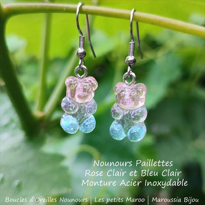Boucles d'Oreilles Ourson Haribo Bleu et  bleu paillettes Kawaii
