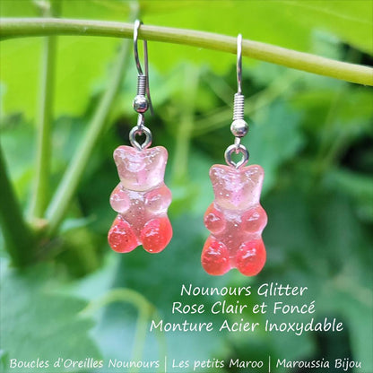 Boucles d'Oreilles Ourson Haribo rose clair et foncé  Glitter Kawaii