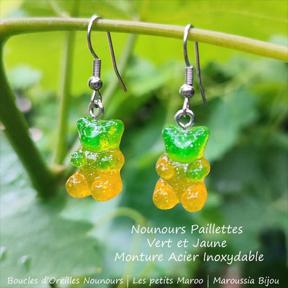 Boucles d'Oreilles Ourson Haribo vert et jaune Glitter Kawaii