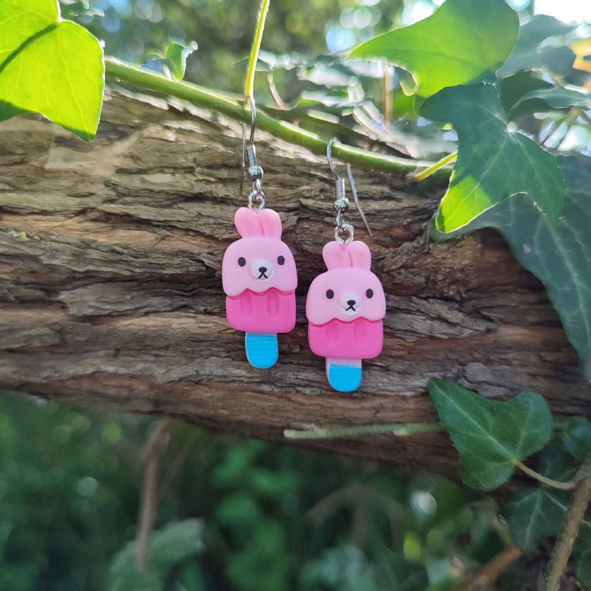 Boucles d'oreilles lapin rose glace