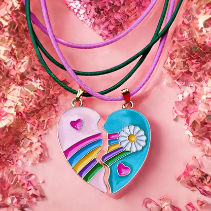 Colliers d'Amitié Cœur Asymétrique Arc-en-Ciel 🌸 Rose et Turquoise